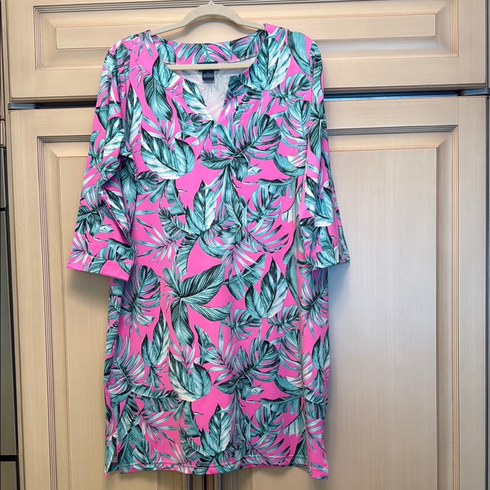 CARIBBEAN JOE Tropical Pink and Green Leaf Print Tunic/Dress